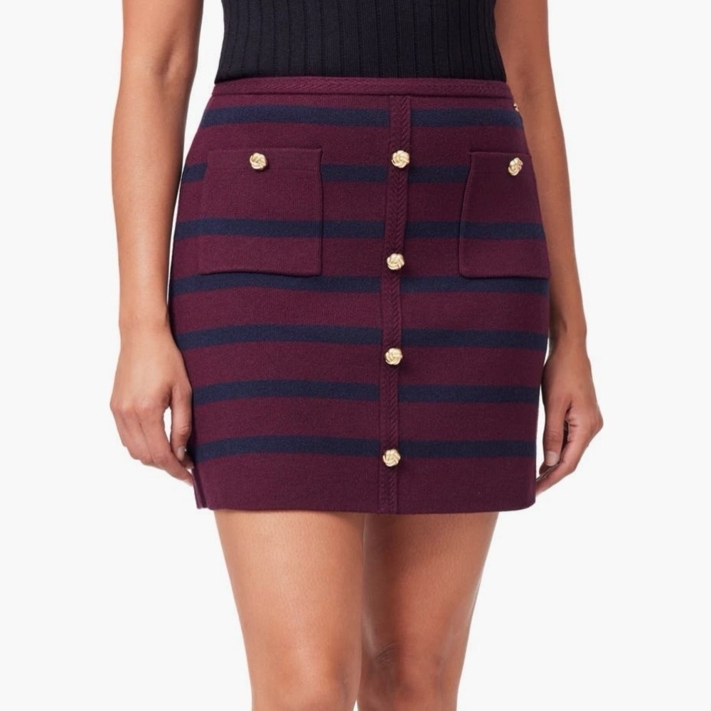 Scotch & Soda Stripe Knit Mini Skirt XL Gold Buttons Burgundy Navy Stretch NWT
